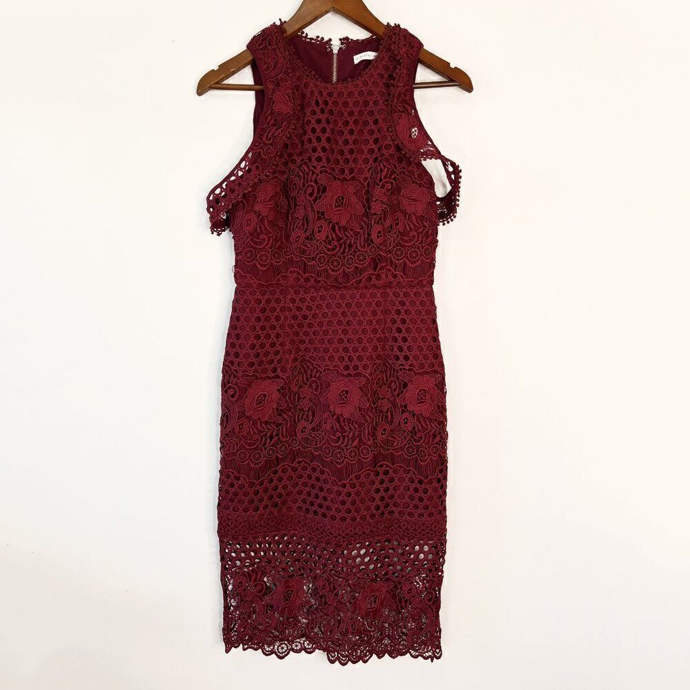 Ministry of Style Red Wine Lace Sleeveless Dress with Off Shoulder Detail